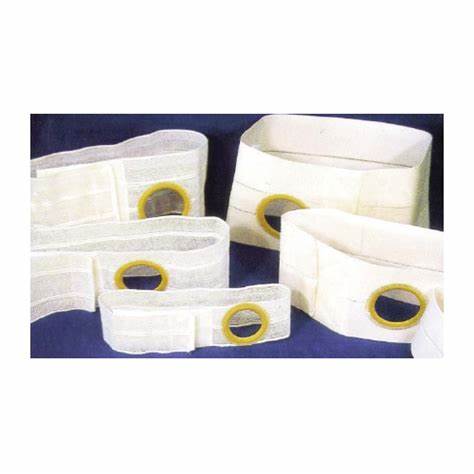 White ostomy belts with support holes for medical stoma care, displayed on a blue background.