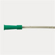 Close-up of a sterile medical catheter tube with green connector on white background