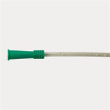 Close-up of a sterile medical catheter tube with green connector on white background