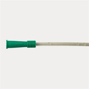 Close-up of a sterile medical catheter tube with green connector on white background