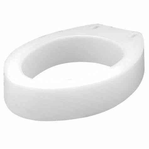 Raised white toilet seat for bathroom accessibility and mobility aid