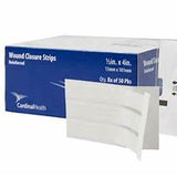 Box of wound closure strips for medical dressing and wound care, single packet shown front.