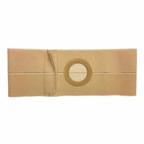 Beige medical ostomy support belt with circular opening for stoma care
