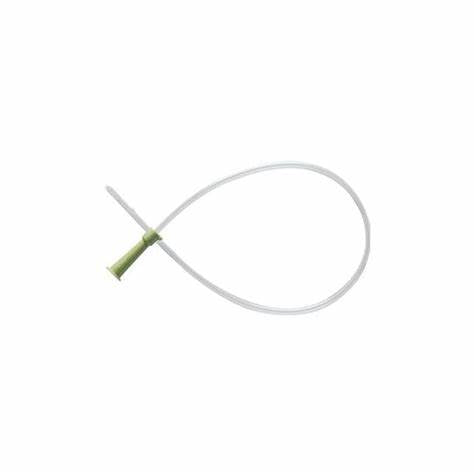 Sterile intermittent catheter with green funnel on white background for medical supply use