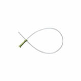 Sterile intermittent catheter with green funnel on white background for medical supply use