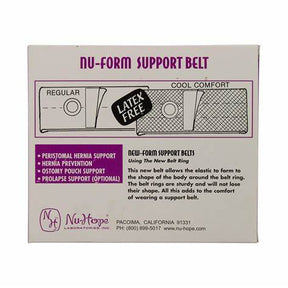 Nu-Form support belt packaging showing latex-free hernia support belt for ostomy care.