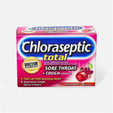 Chloraseptic Total Sore Throat and Cough wild cherry lozenges box, 15 count, on white background.