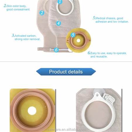 Ostomy bags with filter, skin tone pouch, round adhesive base, medical supply details.
