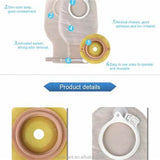 Ostomy bags with filter, skin tone pouch, round adhesive base, medical supply details.