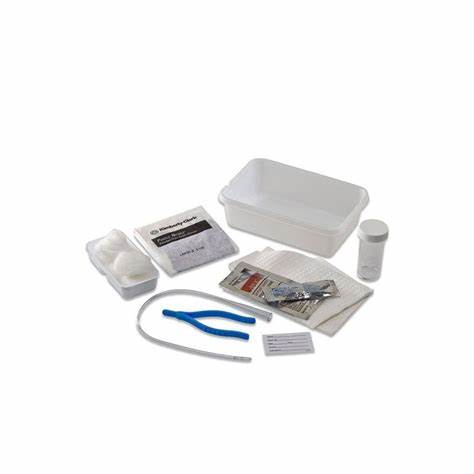 Home medical supplies kit with gloves, tray, gauze, forceps, sterile tubing, and wipes.