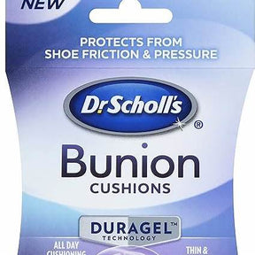 Dr. Scholl's Bunion Cushions packaging for foot pain relief, protects from shoe friction