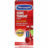 Chloraseptic sore throat spray cherry flavor box, fast acting pain relief, 20 ml bottle.
