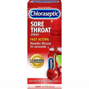 Chloraseptic sore throat spray cherry flavor box, fast acting pain relief, 20 ml bottle.