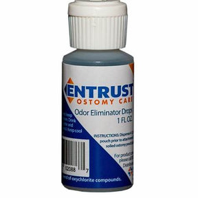 Bottle of Entrust Ostomy Care odor eliminator drops for ostomy supplies, 1 fl oz
