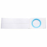 White ostomy belt with blue ring for medical support and stoma care