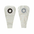 Two transparent ostomy bags with circular openings for medical use on a white background.