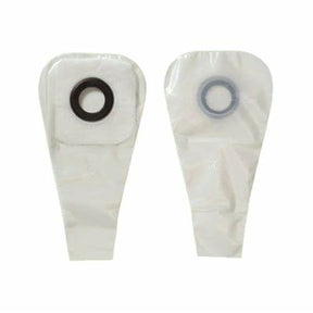 Two transparent ostomy bags with circular openings for medical use on a white background.