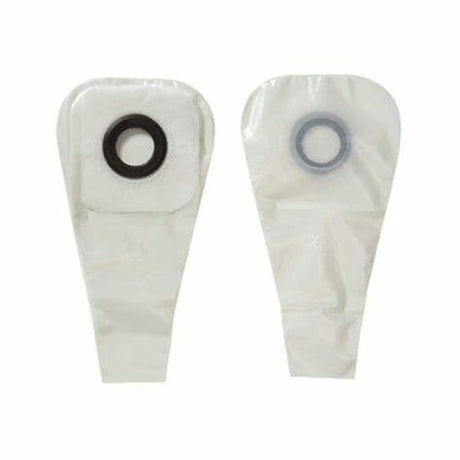 Two transparent ostomy bags with circular openings for medical use on a white background.