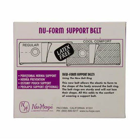 Nu-Form support belt box, latex-free ostomy and hernia support, product display front