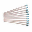 Ten sterile medical suction catheters with blue tips arranged in a fan shape on a white background.