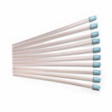 Ten sterile medical suction catheters with blue tips arranged in a fan shape on a white background.