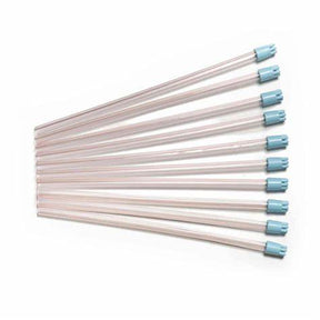 Ten sterile medical suction catheters with blue tips arranged in a fan shape on a white background.