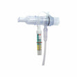 Medical oxygen flow meter with clear plastic tubing and color indicator for respiratory therapy