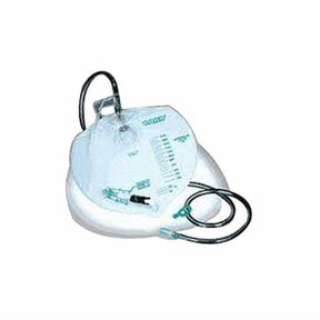Medical urine drainage bag with tube on white background, essential medical supply