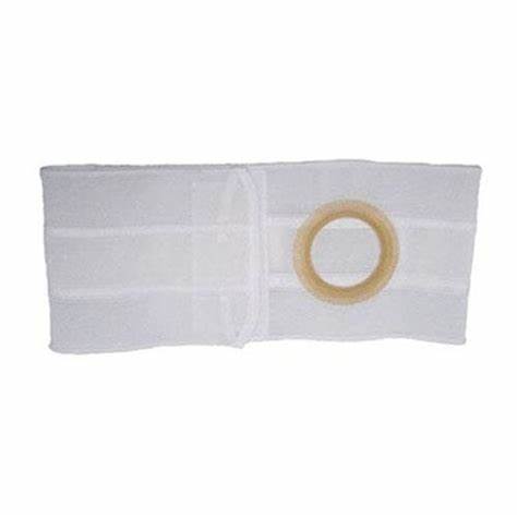 white ostomy belt with circular opening for stoma support on a plain background