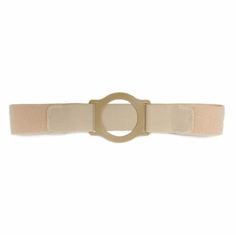 Beige medical ostomy belt with adjustable straps and circular plastic support