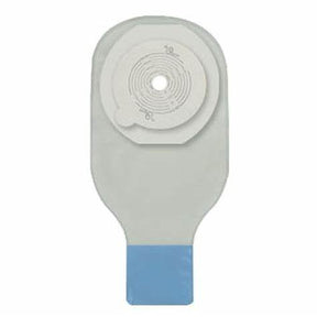 Ostomy bag with adhesive barrier for medical stoma care, shown against white background