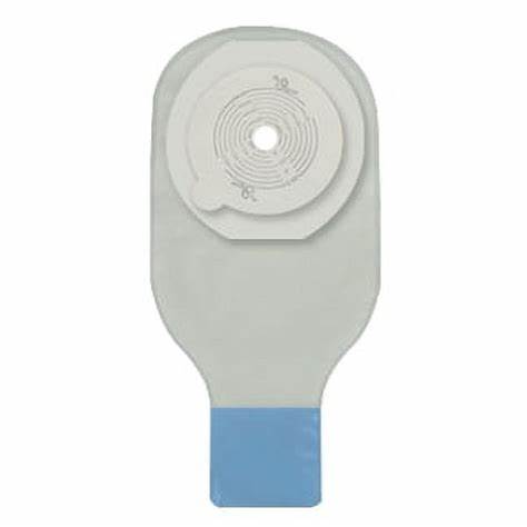 Ostomy bag with adhesive barrier for medical stoma care, shown against white background