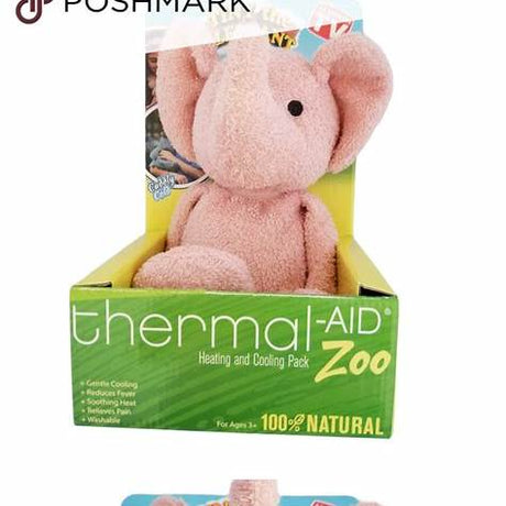 Pink elephant plush heating and cooling pack in green Thermal-Aid Zoo box for natural pain relief