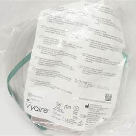 Packaged Vyaire oxygen mask with green medical tubing, sealed for home healthcare use