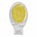 Transparent ostomy pouch with yellow adhesive barrier on white background