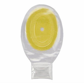 Transparent ostomy pouch with yellow adhesive barrier on white background