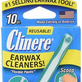 Clinere earwax cleaners package with reusable flexible plastic tool, 10 count, made in USA.