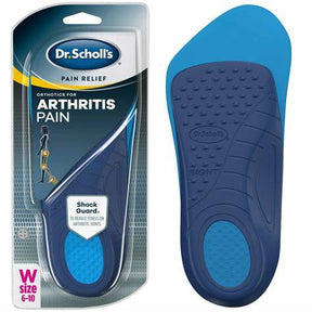 Dr. Scholl’s arthritis pain relief insoles for women in blue, with shock guard feature, size 6-10.