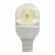 Transparent medical ostomy bag with adhesive barrier for stoma care on white background