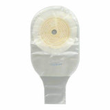 Transparent medical ostomy bag with adhesive barrier for stoma care on white background
