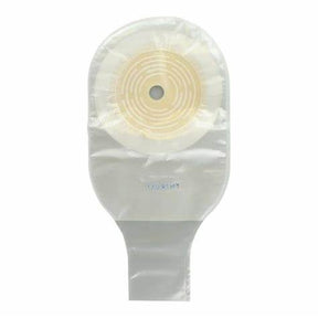 Transparent medical ostomy bag with adhesive barrier for stoma care on white background