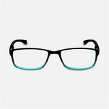 Black and teal rectangular eyeglasses with clear lenses on a white background