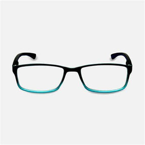 Black and teal rectangular eyeglasses with clear lenses on a white background