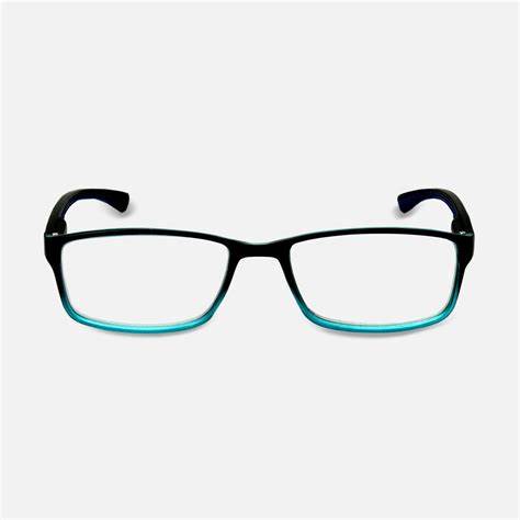 Black and teal rectangular eyeglasses with clear lenses on a white background