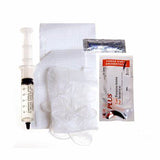 Medical syringe, gauze pads, gloves, and antiseptic swabs for home medical care kit