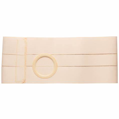 Beige ostomy support belt with circular stoma opening for medical supply needs