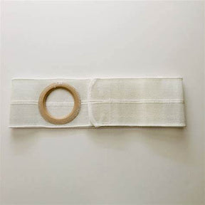Adjustable white ostomy belt with circular opening for medical pouch support