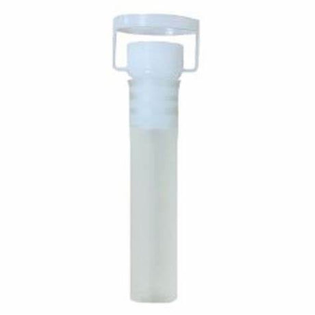 Clear disposable medical specimen collection tube with white screw cap and attached lid