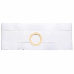 White medical ostomy support belt with round center opening, laid flat on white background