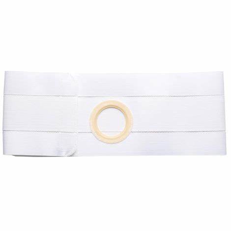 White medical ostomy support belt with round center opening, laid flat on white background
